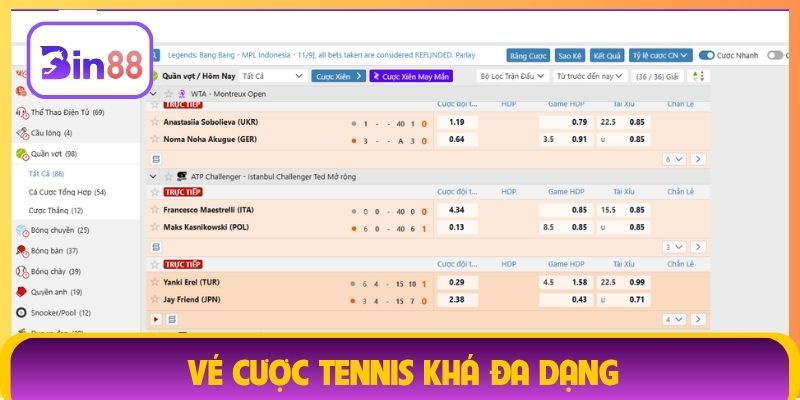 Vé cược tennis khá đa dạng